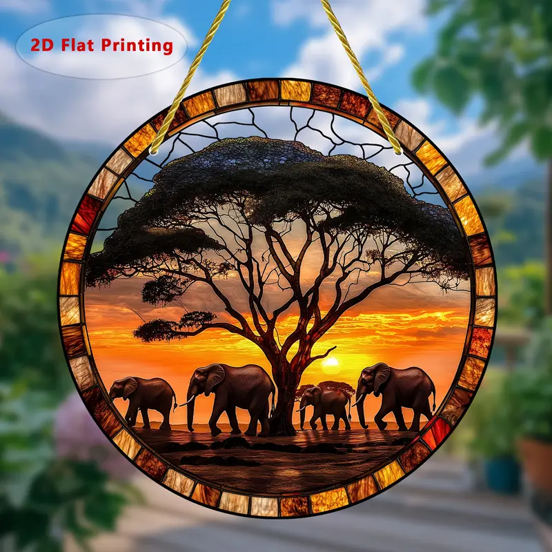One Piece, A 2D Printed Round Acrylic Dusk Elephant Colorful Garden Sun Catcher._voghion.com