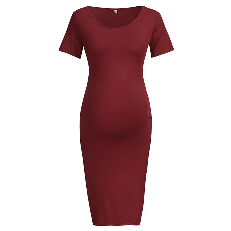 bunvel Sommer Bodycon Gravide Kvinner Sommerkjoler Ensfargede Mammaklær Kortermede Graviditetskjoler Premama Wear_voghion.com