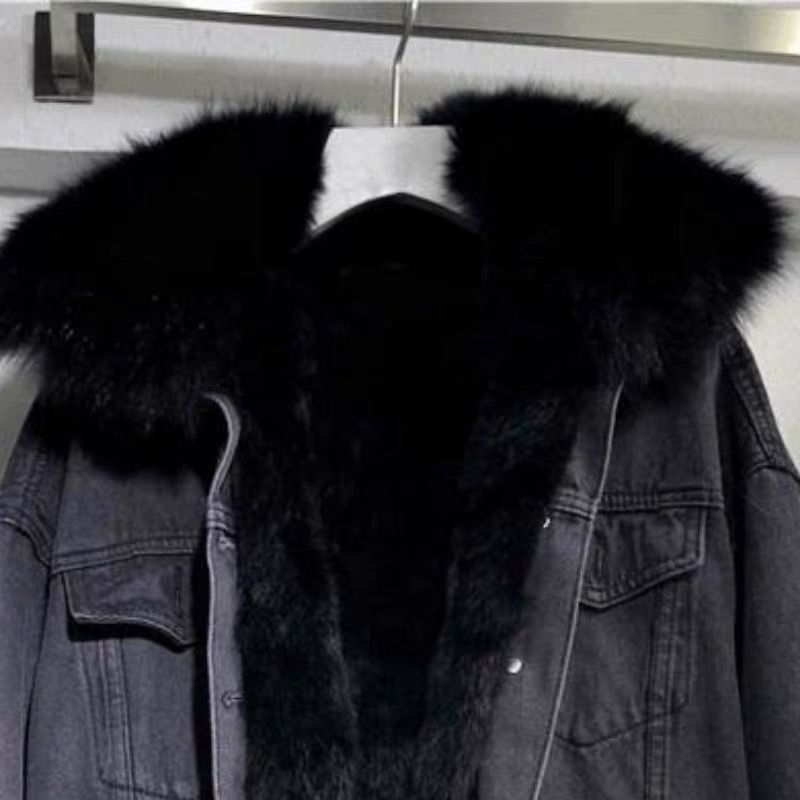 Abbigliamento da donna Plus Veet Cotton Loose Korean Style Denim Collo di pelliccia Giacca ispessita_voghion.com