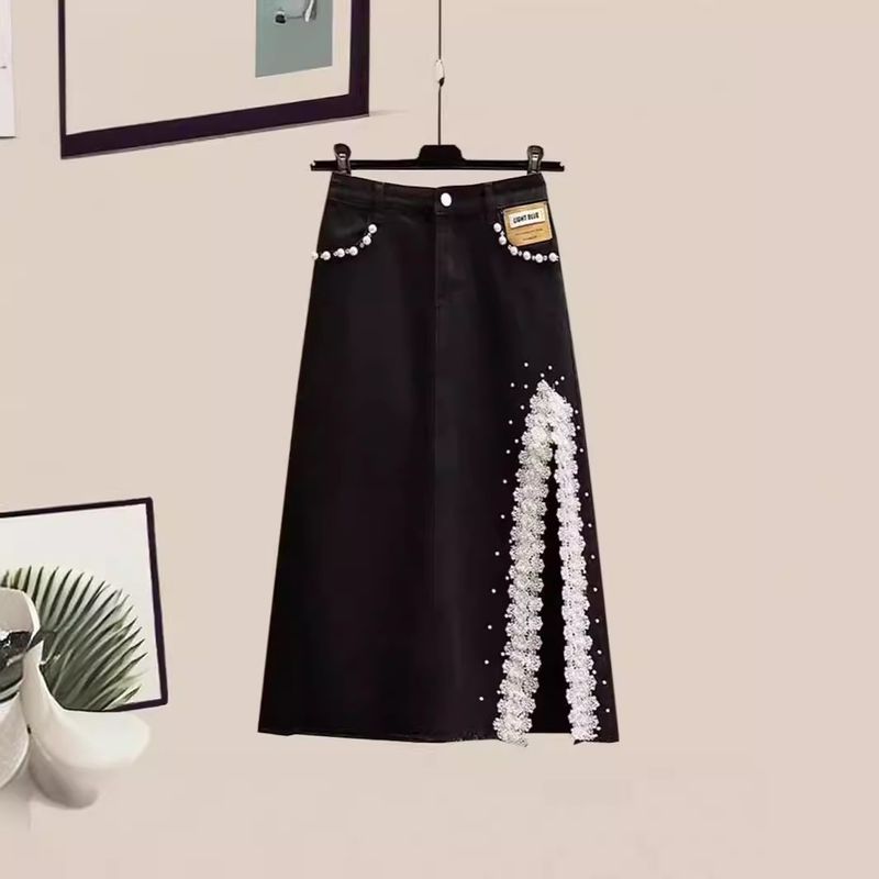 Ensemble deux pièces haut à manches courtes et jupe en jean fendue pour femme_voghion.com