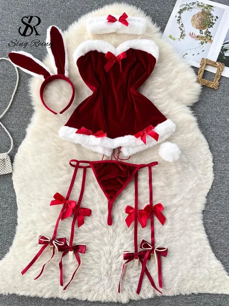 Bras Sets SINGREINY Cosplay Maid Sexy Nightw Halter Splice Fur Bow Lingerie Combination Christmas Erotic Porno_voghion.com