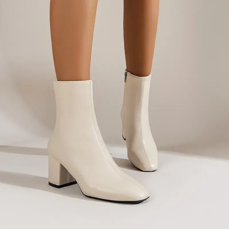 White Ankle Boots for Women Side Zipper Stretch Middle Heel Large Size Short Boot Fashion Pointed Shoes Botas De Mujer_voghion.com