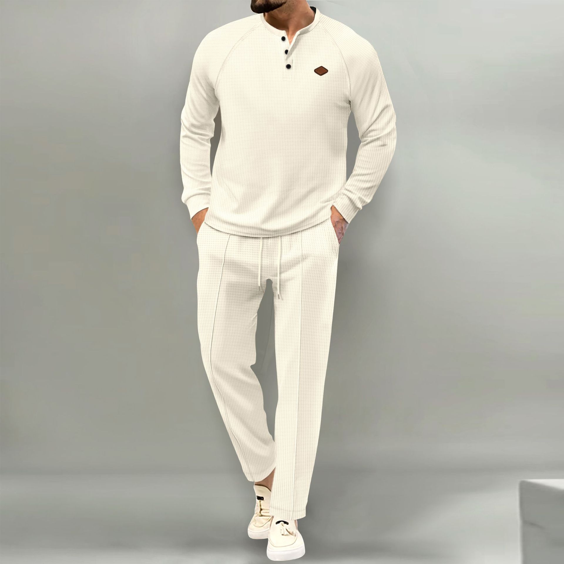 2024 Spring and Autumn New Men's Solid Color Waffler Henley Long sleeved Pants Set_voghion.com