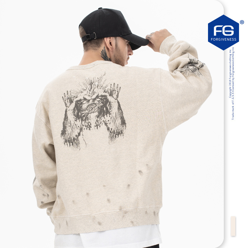 MERCURY FG Herrenbekleidung | 2024 Herbst/Winter Neue Modemarke Jesus Graffiti Destruction Lässiger Rundhalspullover Pullover Locker_voghion.com