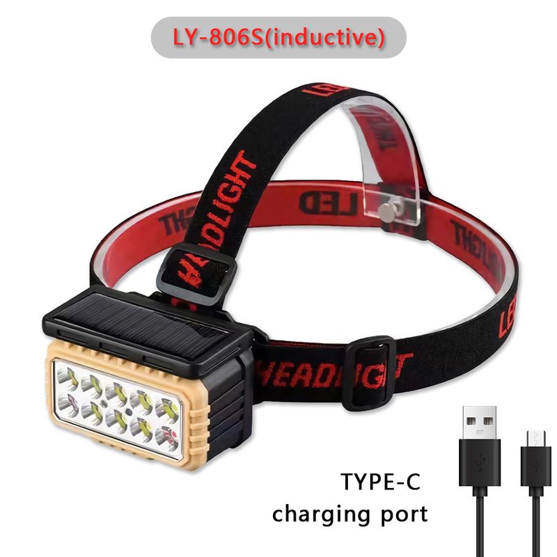 Solar sensor type-c charging LED night fishing running headlight COB red and white power display_voghion.com