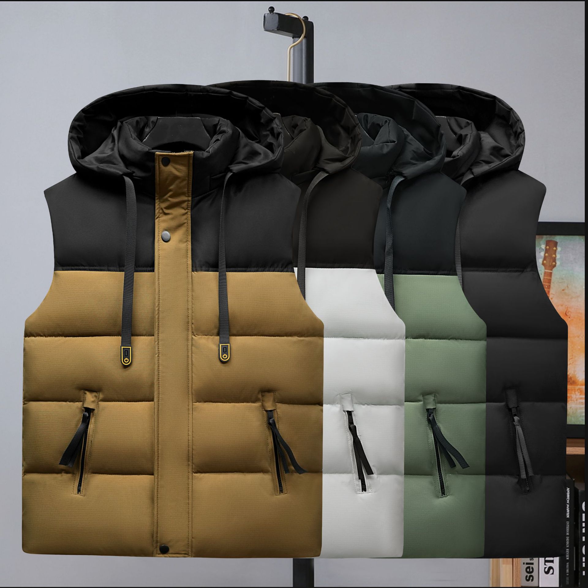 Ropa para hombre Chaleco de algodón de talla grande para hombre Chaleco de algodón con capucha para hombre Chaleco de algodón informal a juego con colores Chaleco de algodón estampado Loug Tide