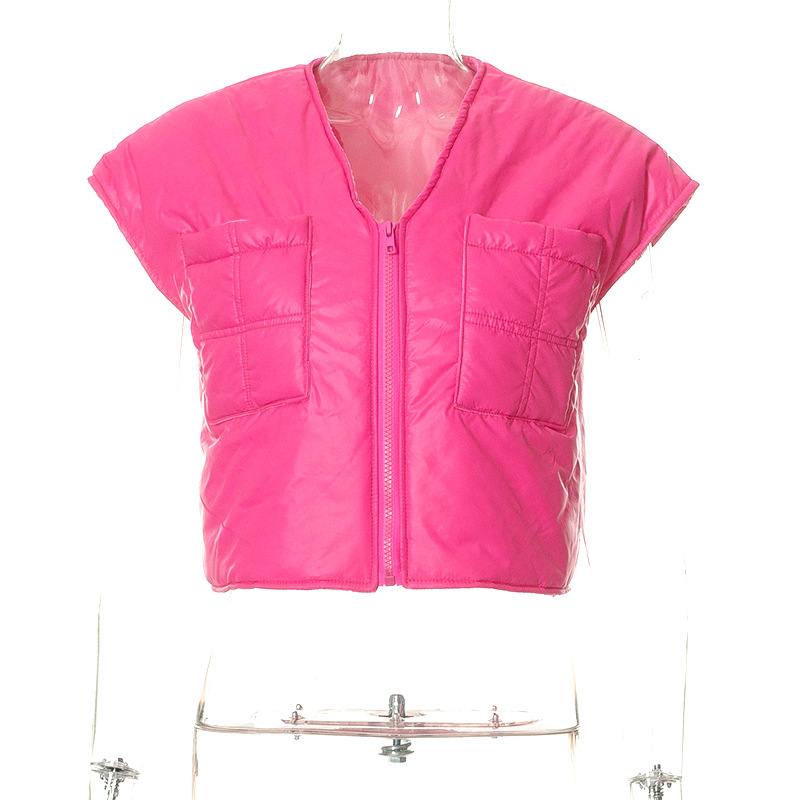 K22TP499 Inverno Nuovo 2024 Tinta Unita Senza Maniche Tasca con Cerniera Casual Donna Cotone e Canotta Top_voghion.com