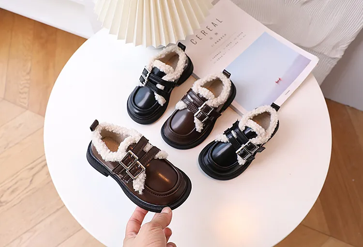 Children Leather Loafers For Boys Girls Winter Thick Soled Lamb Wool Warm Girl Uniform Princess School Cotton Shoes_voghion.com