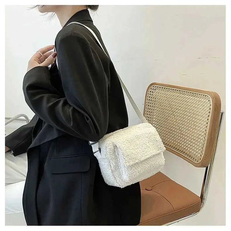 2023 Women Winter Shoulder Bag Lamb Wool Warm Soft Autumn Ins Square Cross-body Portable Casual Beige Khaki Girls Preppy_voghion.com
