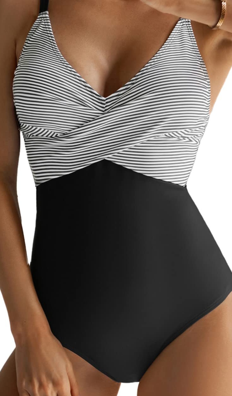 Damen Bikini-Badeanzug mit V-Ausschnitt, farblich passender Träger, rückenfrei, sexy, einteiliger Badeanzug_voghion.com