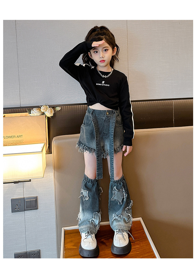 Frühlings- und Herbstanzüge für Mädchen von Mutter und Kind, modische, heiße Mädchen, straßentaugliche Langarmoberteile, personalisierte Hip-Hop-Jeans, zweiteiliges Set_voghion.com