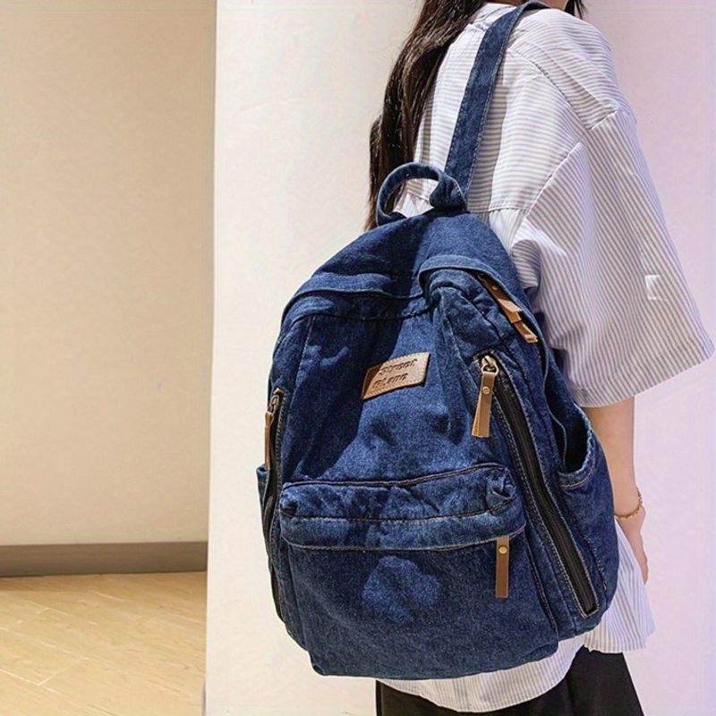 Vintage denimväska, Preppy College skoldagsresor pendlarryggsäck och laptopväska, unisexväska för vardagsbruk_voghion.com