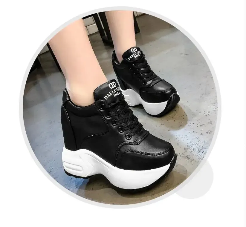 Women's Platform Sneakers Leather Chunky Trainers White Wedges_voghion.com