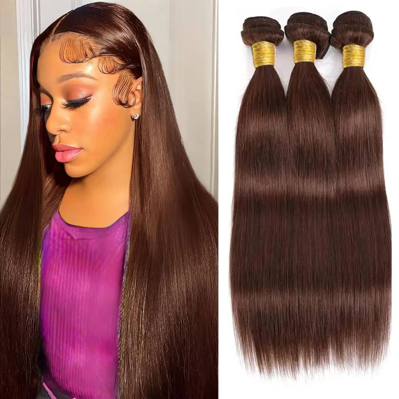 Lot de 4 mèches de cheveux humains brésiliens vierges et raides couleur chocolat brun