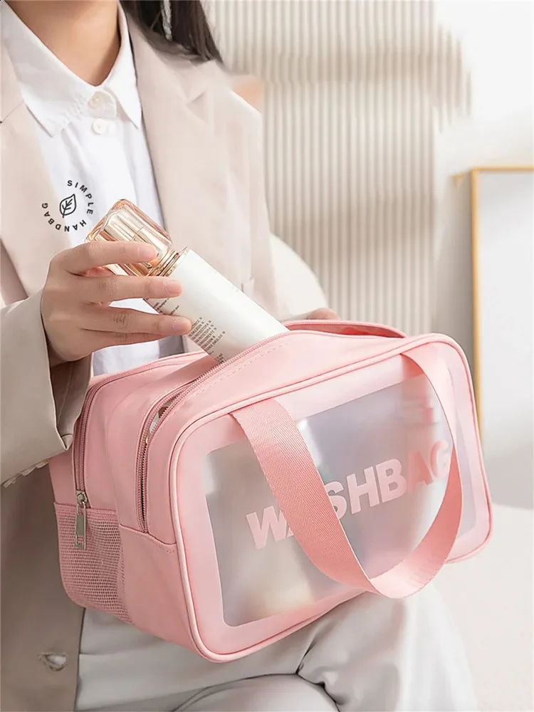 Fashion portable large capacity makeup Double layer frosted dry wet separation wash bag; Multifunctional travel storage_voghion.com