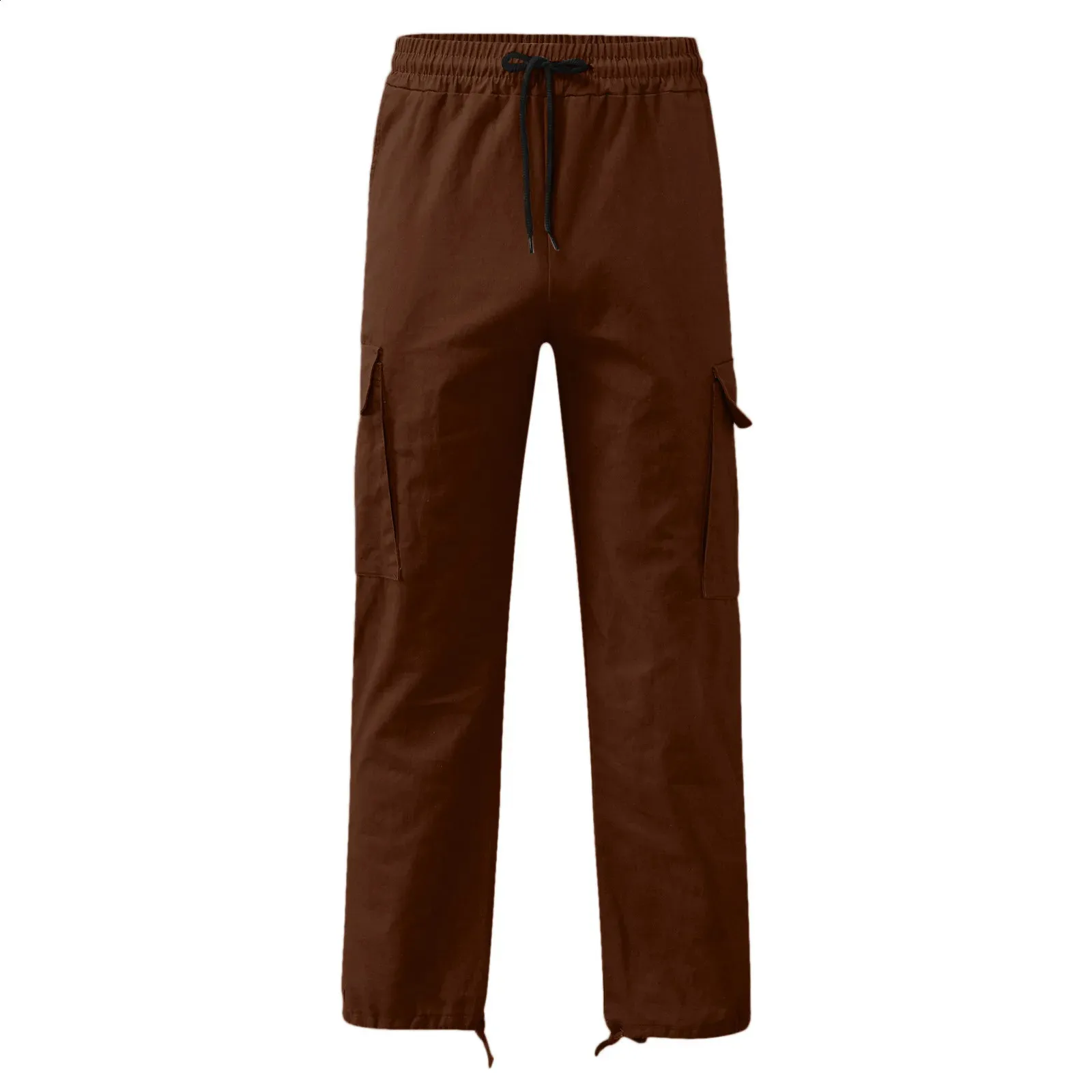 Calças para homens comprimento total cor sólida solta vários bolsos bolsos com cordão calças cargo masculinas 3XL 240813_voghion.com
