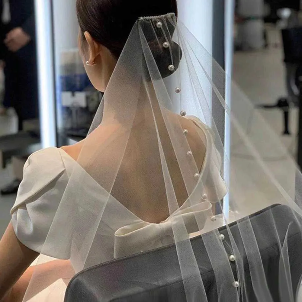 Gioielli per capelli V64 Veli da sposa semplici con perle, velo trasparente a 1 strato, bordo tagliato, perline, corti e morbidi, accessori da sposa per la sposa_voghion.com
