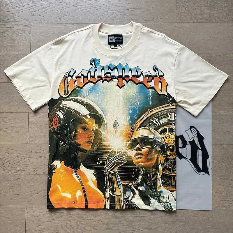 T-shirts Godspd en coton d'été à manches courtes, imprimé squelette d'astronaute rétro, style rock et décontracté, pour hommes et femmes_voghion.com