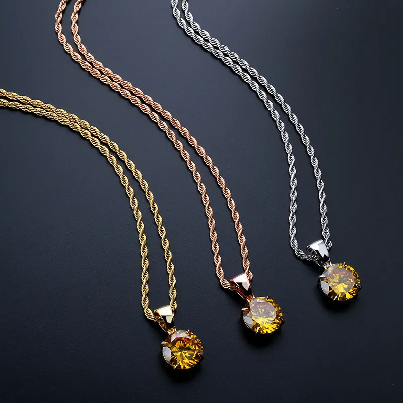 Collier avec pendentif en or et zircon cubique glacé pour amoureux, chaîne Hip Hop multicolore, bijoux en diamant rond taille princesse_voghion.com