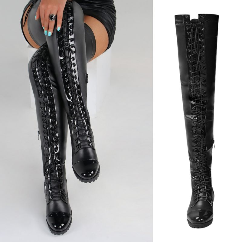 Neue sexy Schnürstiefeletten aus Leder mit seitlichem Reißverschluss und niedrigem Absatz und über dem Knie in Übergröße für Damen_voghion.com