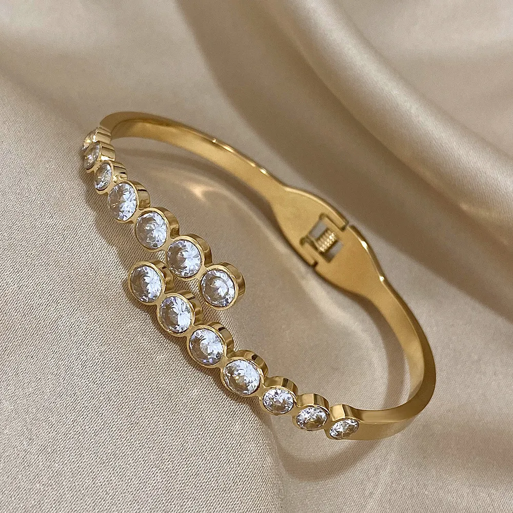 Pulsera de acero inoxidable con incrustaciones de circonita y cuentas redondas para mujer, brazalete de color dorado y plateado_voghion.com