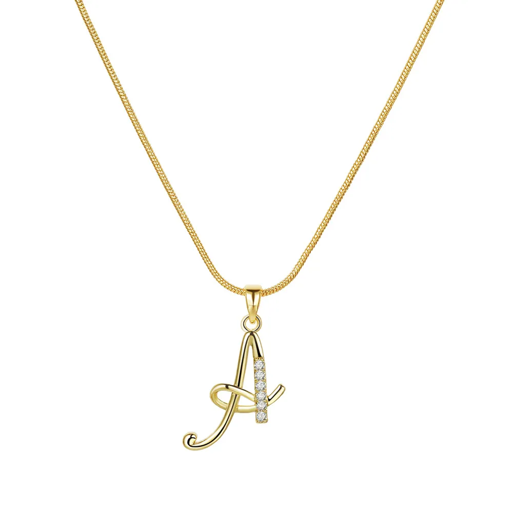 Colliers pendentifs personnalisés CZ A-Z Alphabet Collier Bijoux Plaqué Or Lettre Initiale Cursive Vieil Anglais_voghion.com