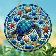 1pc 8''x8'' Round Acrylic Turtle & Starfish Suncatcher, Dyed Wreath Design. Perfect For Room/cafe/outdoor Decor. Holiday Gift Idea._voghion.com