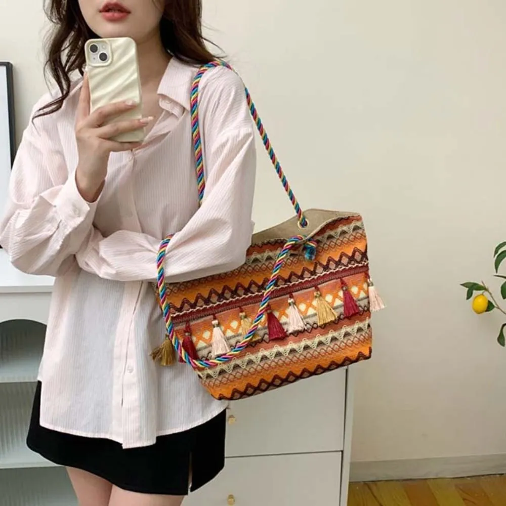 Stripe Ethnic Shoulder Tassel Large Capacity Canvas Colorful Handbag Travel Storage Bag Korean Style_voghion.com