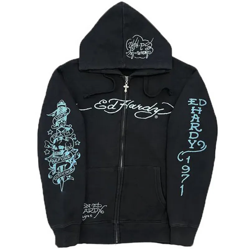 Felpa con zip gothic skull ricamata oversized stile harajuku_voghion.com