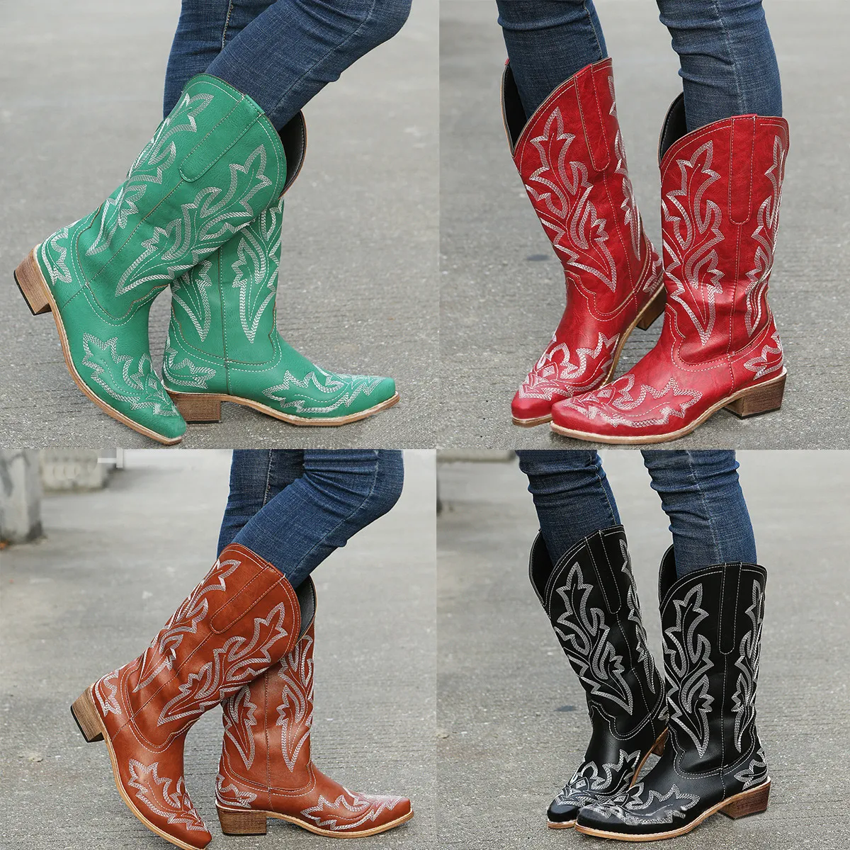 Embroidery Cowboy For Knee High Med Calf Vintage Western Cowgirl Boots Women Heeled Casual Shoes Autumn Block Heel_voghion.com