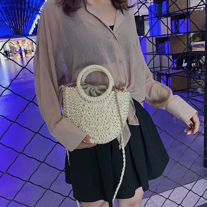 Half-round Rattan Shoulder Bag Large Capacity Summer Beach Tote_voghion.com