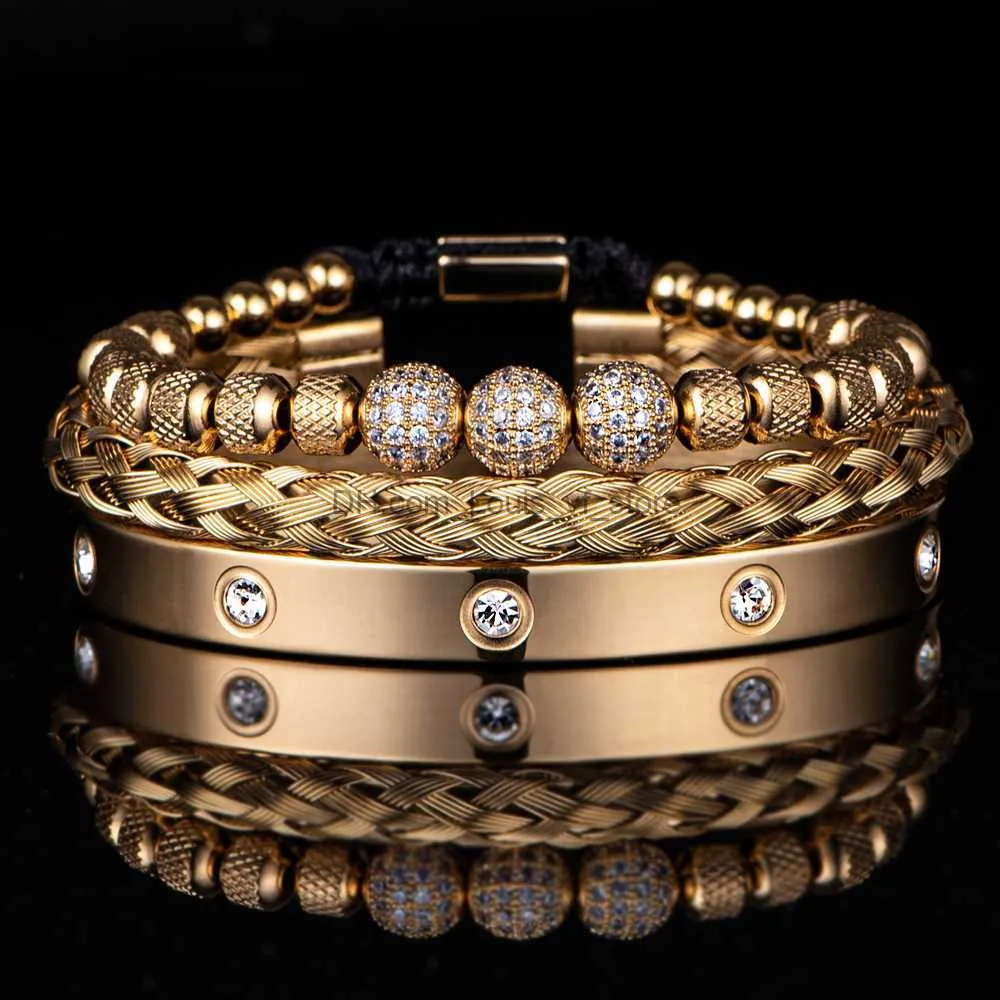 Pulseira 3 Deluxe Micro Pay CZ Contas Redondas Royal Charm Pulseira Masculina de Cristal em Aço Inoxidável Casal Joias Feitas à Mão Presentes_voghion.com