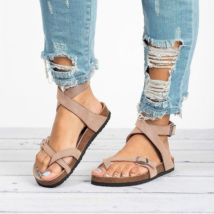 Damenschuhe Sommer Große Sandalen Korkboden Römische Zehenpartie Gürtelschnalle Wickelsandalen Für Damen_voghion.com