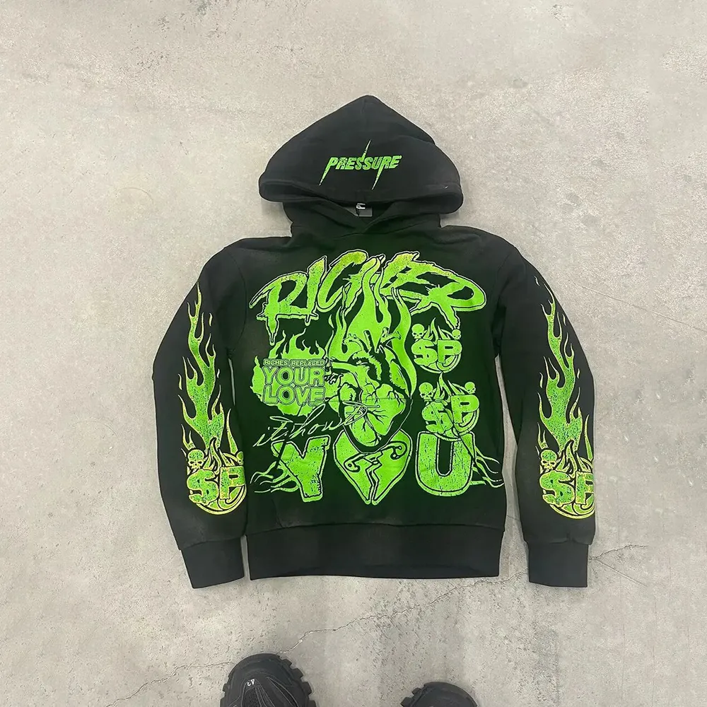 Tasarımcı Vintage Erkek Sweatshirtleri Grafik Baskılı Kazak Haruku Retro Y2K Sokak Giyimi High Street Yıkanmış Siyah Kapşonlu_voghion.com