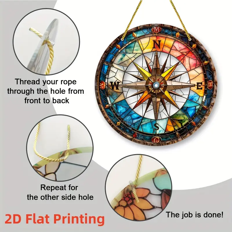 Nautical Compass Suncatcher - 8" Acrylic Art. Colorful Window Decor For Home Or Office, Perfect As A Thoughtful Gift._voghion.com