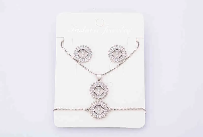 Charm Initial Necklace + Stud Earrings Bracelet Sets Jewelry Copper Zircon White Color A-z 26 Letters Alphabet_voghion.com