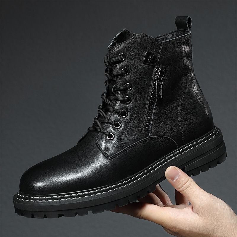 Men's first layer cowhide ankle British plus fleece work trend high top men's shoes motorcycle boots_voghion.com
