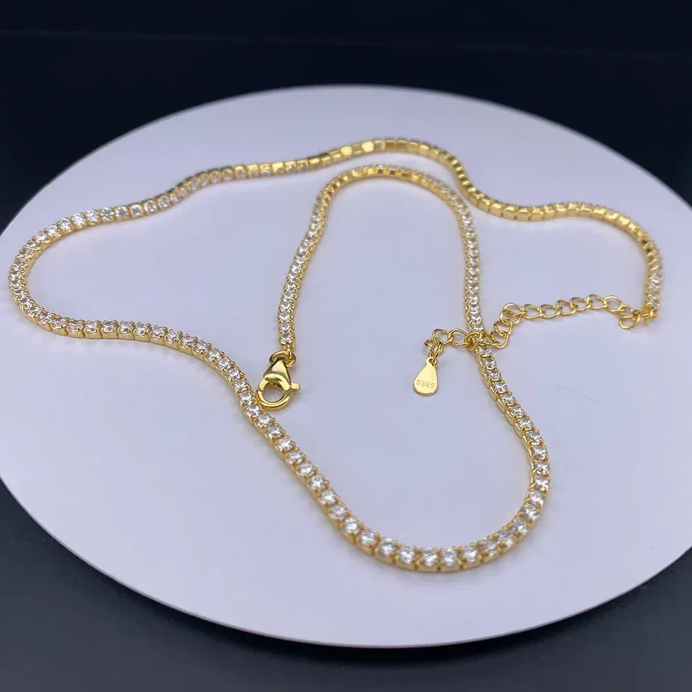 Cadenas finas de 2 mm con diamantes de moissanita y cadena cubana de plata, collar de oro real para mujer, joyería con piedra de circón, collares para el cuello_voghion.com