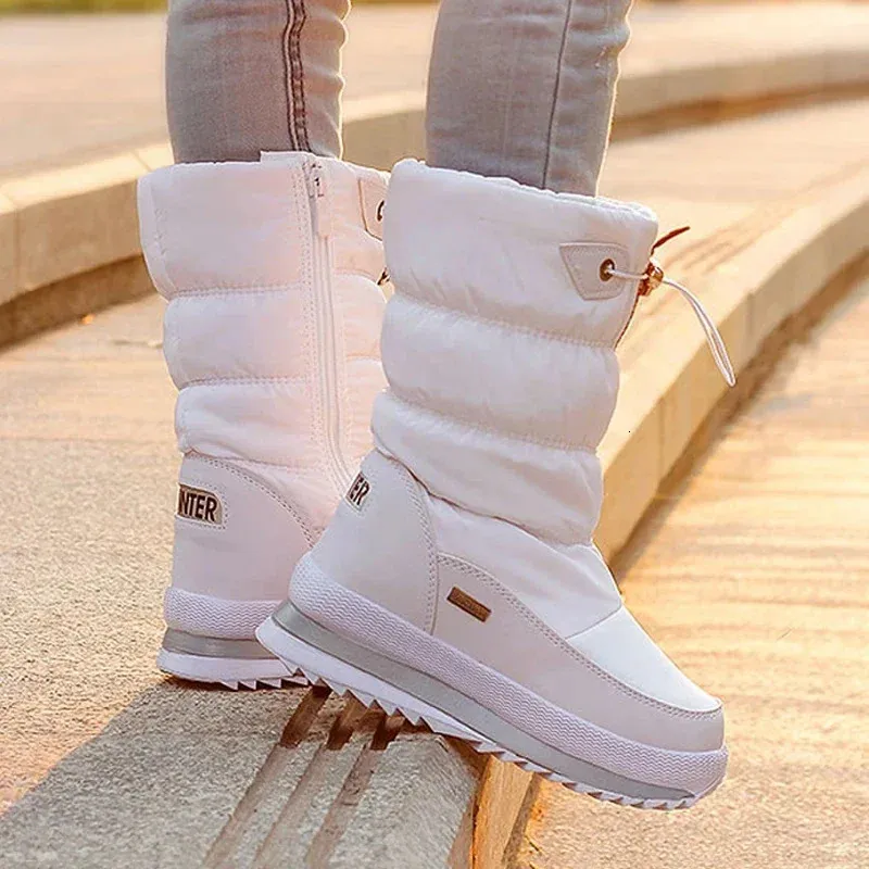 White Women Winter Shoes Warm Plush Mid-calf Waterproof Rubber Non-slip Platform Snow Boots Female Plus Size 42_voghion.com
