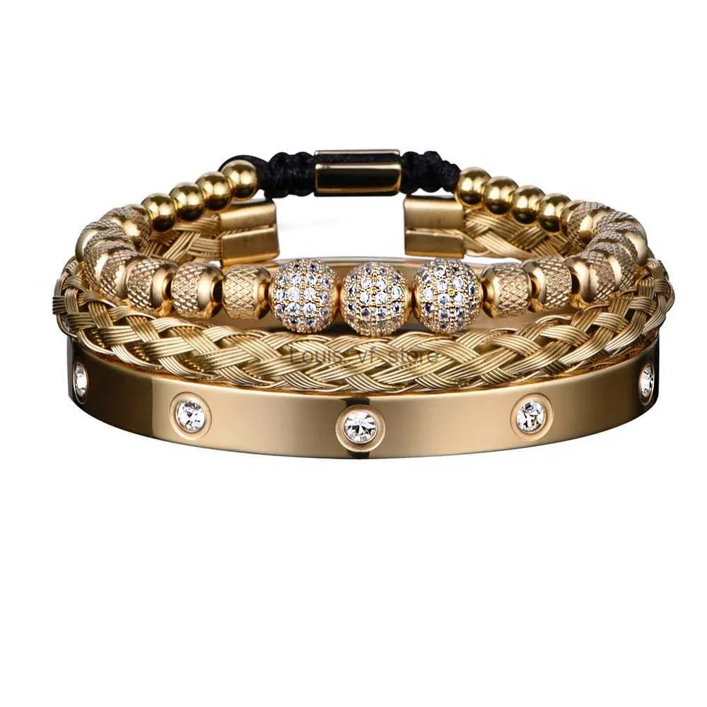 Pulseira 3 Deluxe Micro Pay CZ Contas Redondas Royal Charm Pulseira Masculina de Cristal em Aço Inoxidável Casal Joias Feitas à Mão Presentes_voghion.com
