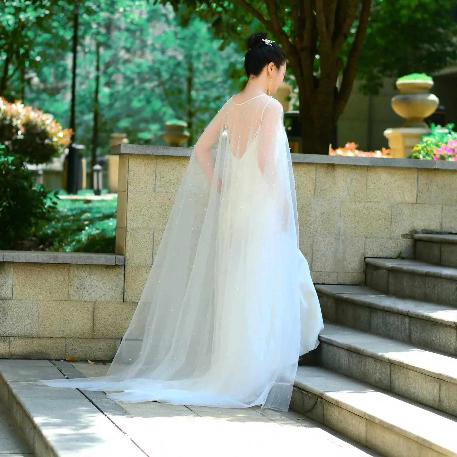 Haarschmuck Damen Perlen Braut Schulterschleier Langer Umhang Abend Cape Jacke Für Frauen Bolero Weicher Tüll Schal Hochzeit_voghion.com
