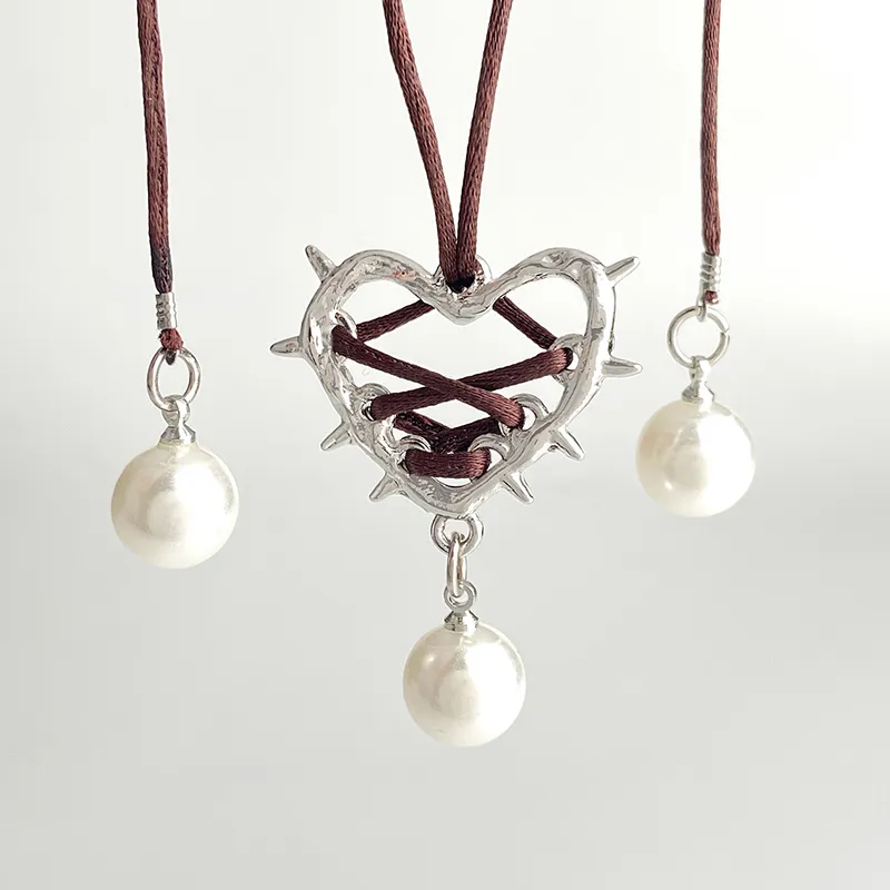 Hart hanger ketting met parel en lint voor dames vintage_voghion.com
