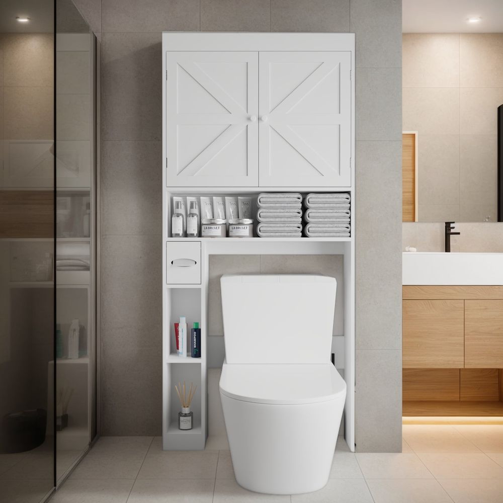 Over-The-Toilet Storage Cabinet With 2 Doors, Home Space-Saving Toilet Rack, Farmhouse Style For Bathroom, Restroom, Laundry_voghion.com