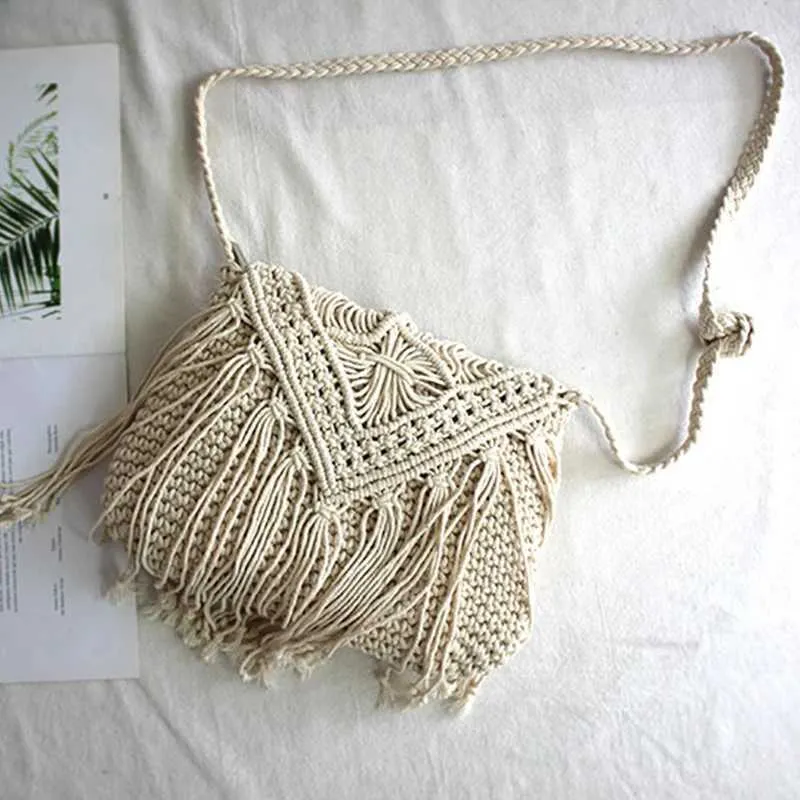 Handmade Cotton Woven Knitted Crossbody Bag With Tassels Vintage_voghion.com
