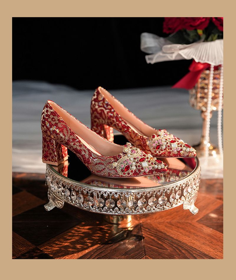 6555F-007 Dia Pointed Thick Women's High Heels Sequin Dress Red Wedding Bridal Single Shoes Goddess_voghion.com