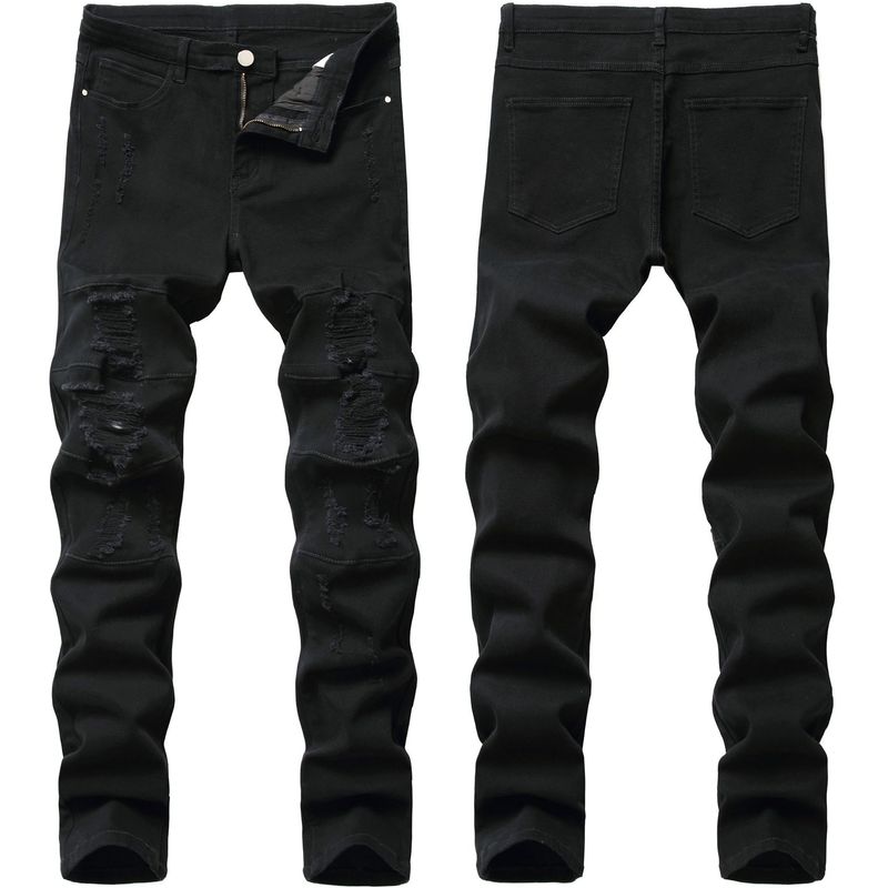 Black Jeans Elastic Slim Fit Trendy Ripped Washed Men's Pants_voghion.com
