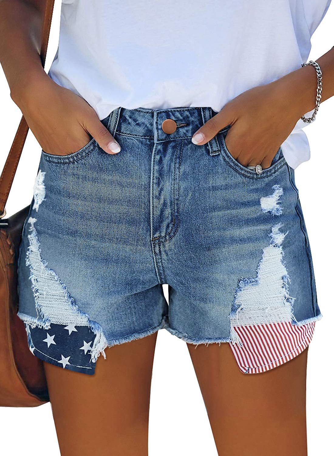 pocket stars and stripes flag ripped tassel jeans short_voghion.com