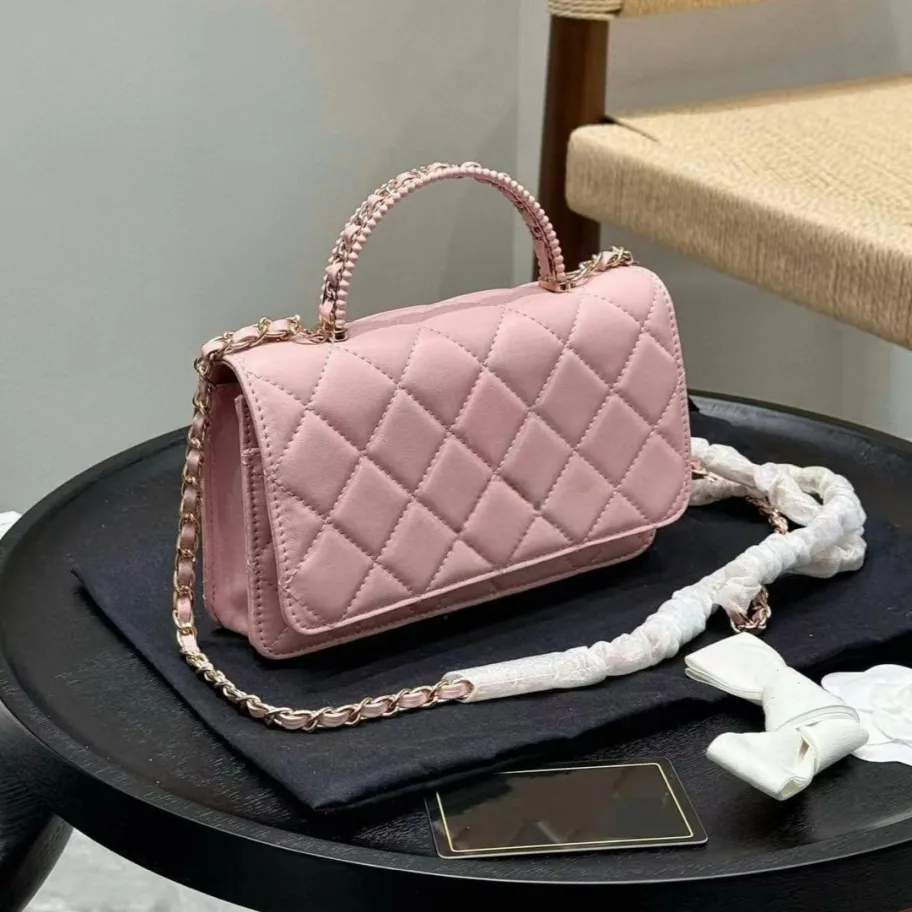 Borsa a tracolla con catena trapuntata Woc da donna, con manico in metallo intrecciato, mini borsa a mano con patta in pelle liscia_voghion.com