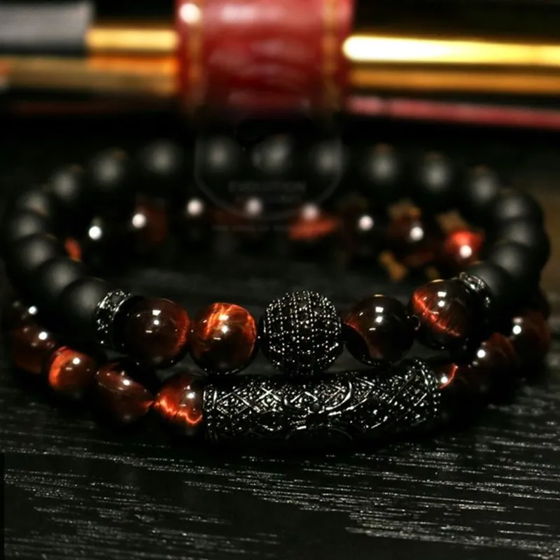 Set di braccialetti con perline di perle naturali di occhio di tigre da 2 pezzi/set, gioielli per uomo e donna, accessori per cinturino da polso in materiale elastico_voghion.com