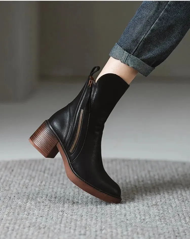 Womens high leather short round thick side zipper foot pedal boots 241022_voghion.com